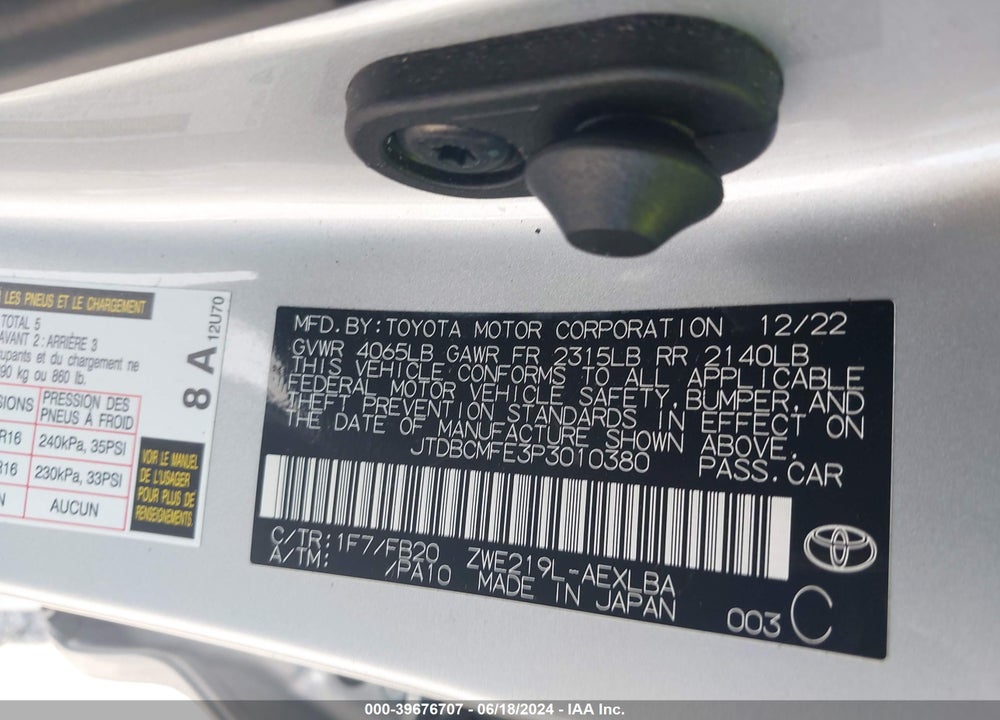 2023 TOYOTA COROLLA HYBRID LE VIN: JTDBCMFE3P3010380
