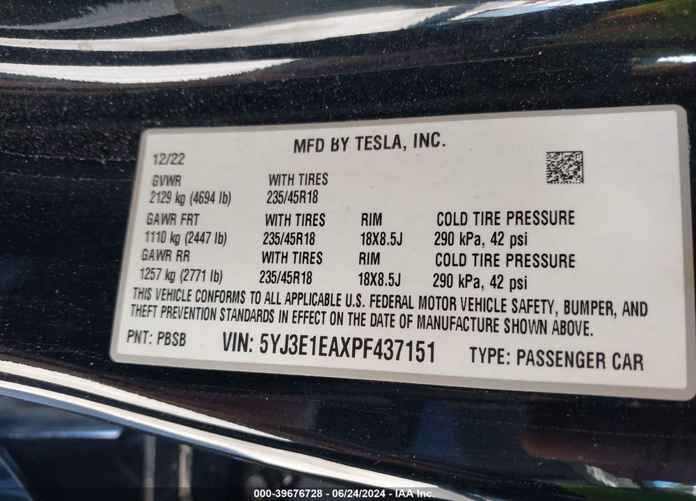 2023 TESLA MODEL 3 REAR-WHEEL DRIVE VIN: 5YJ3E1EAXPF437151