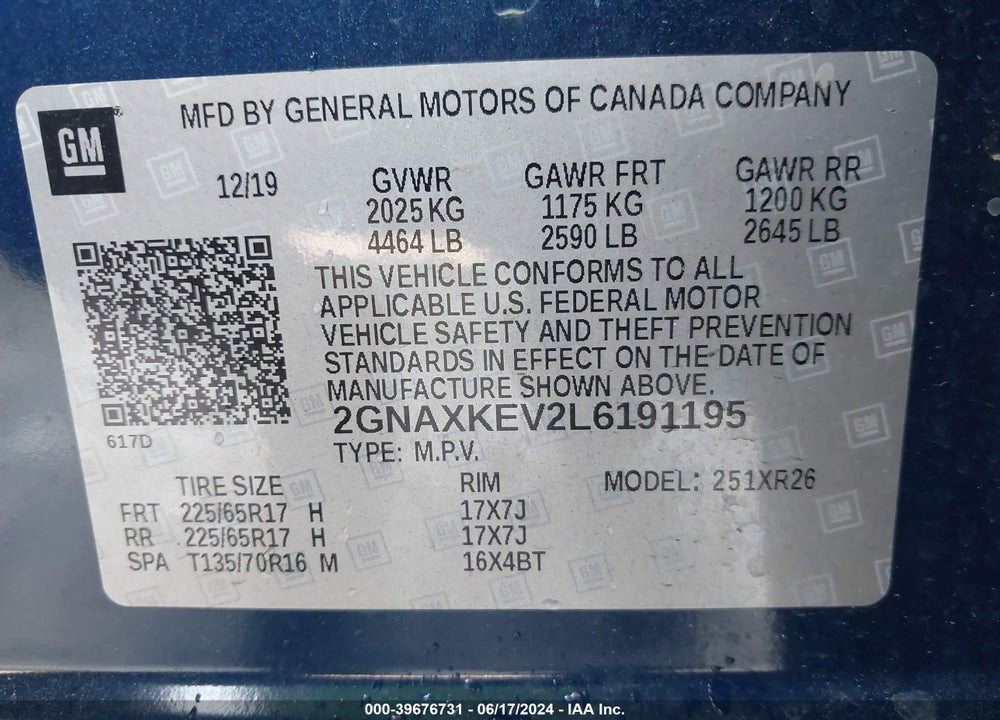 2020 CHEVROLET EQUINOX FWD LT 1.5L TURBO VIN: 2GNAXKEV2L6191195
