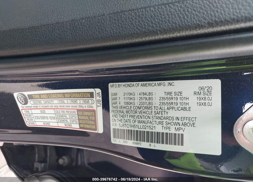 2020 ACURA RDX TECHNOLOGY PACKAGE VIN: 5J8TC1H51LL021521