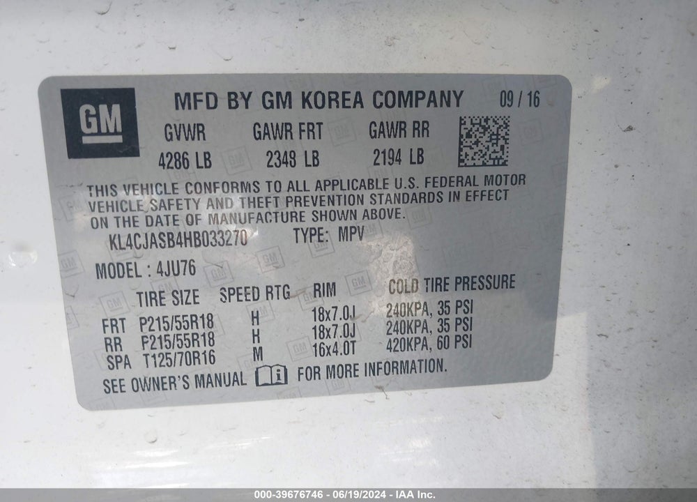 2017 BUICK ENCORE PREFERRED VIN: KL4CJASB4HB033270