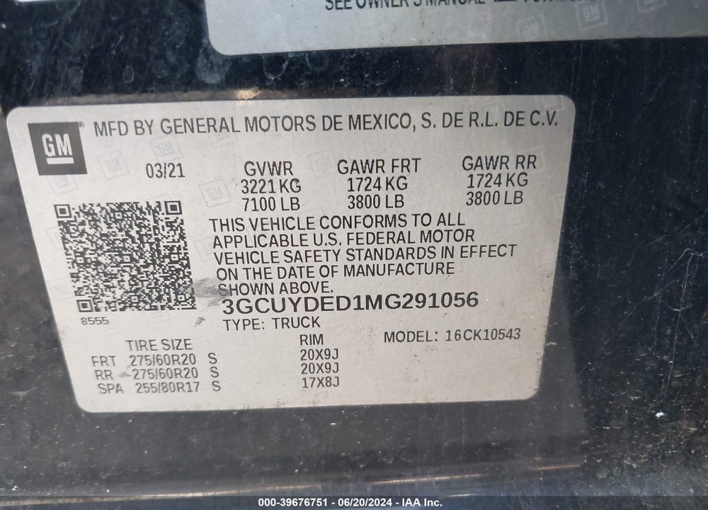 2021 CHEVROLET SILVERADO 1500 4WD SHORT BED LT VIN: 3GCUYDED1MG291056