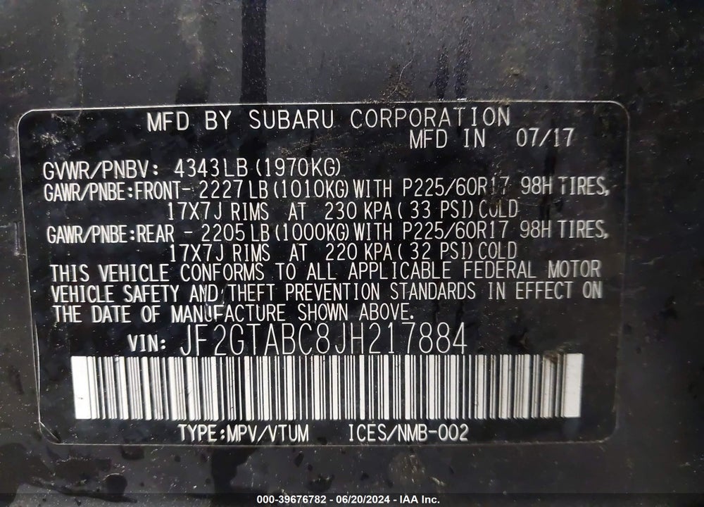 2018 SUBARU CROSSTREK 2.0I PREMIUM VIN: JF2GTABC8JH217884