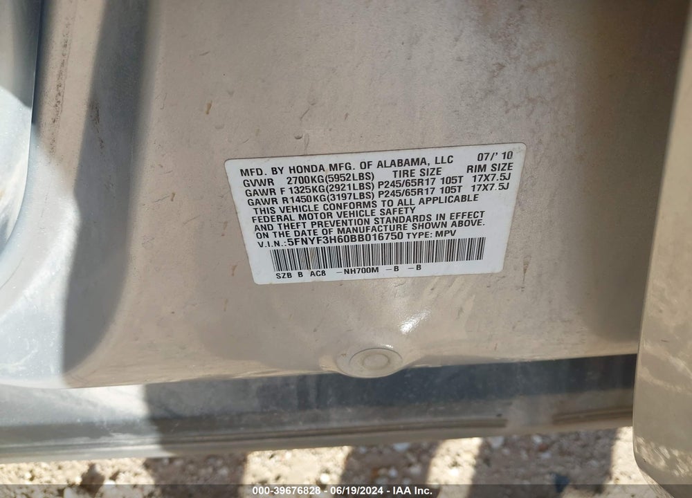 2011 HONDA PILOT EX-L VIN: 5FNYF3H60BB016750