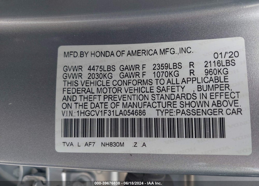 2020 HONDA ACCORD SPORT VIN: 1HGCV1F31LA054686