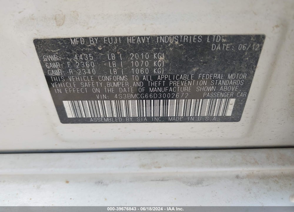 2013 SUBARU LEGACY 2.5I PREMIUM VIN: 4S3BMCG66D3002672