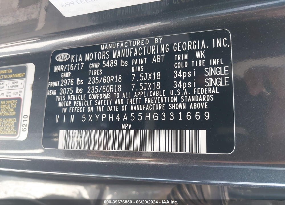 2017 KIA SORENTO 3.3L EX VIN: 5XYPH4A55HG331669