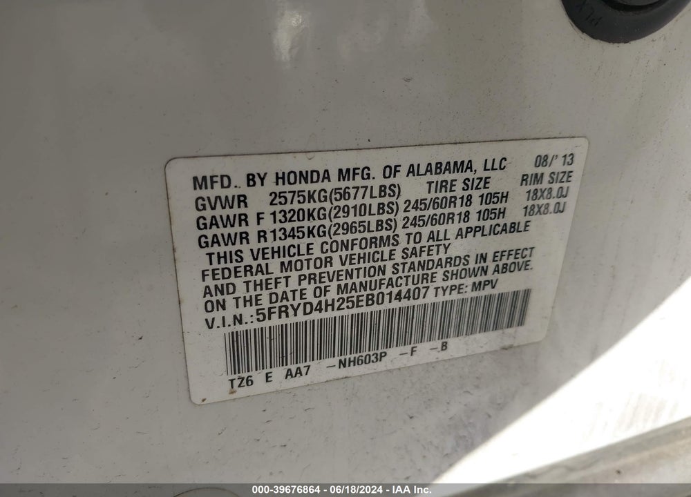 2014 ACURA MDX VIN: 5FRYD4H25EB014407