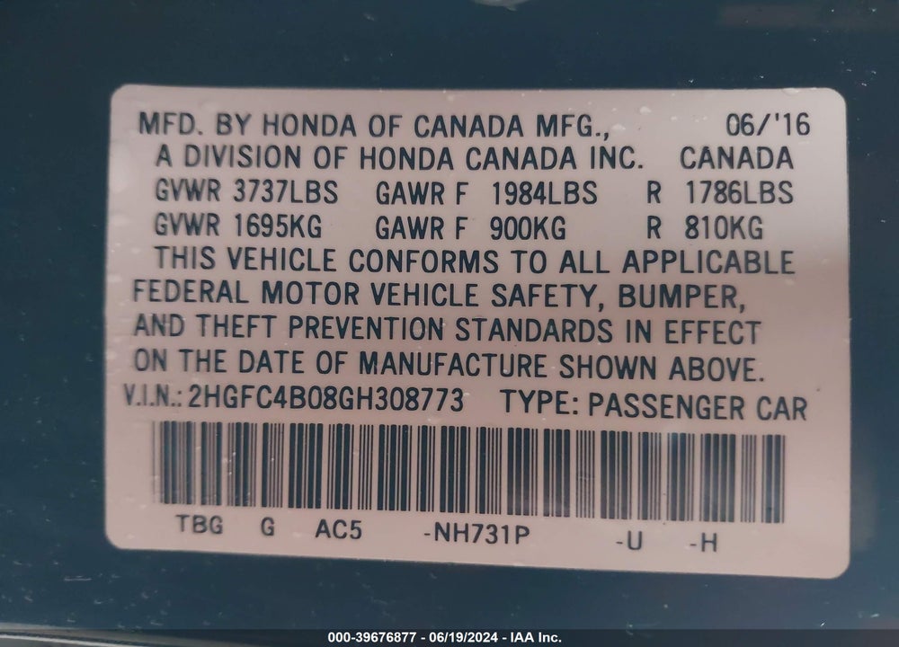 2016 HONDA CIVIC LX-P VIN: 2HGFC4B08GH308773
