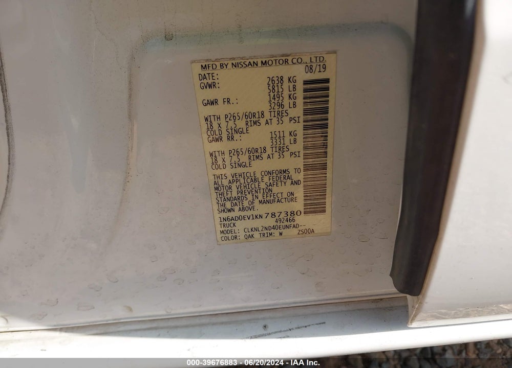 2019 NISSAN FRONTIER SV VIN: 1N6AD0EV1KN787380