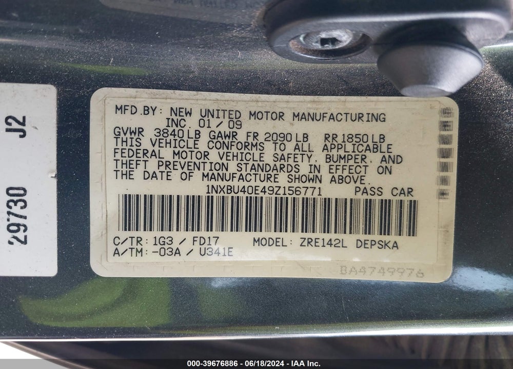 2009 TOYOTA COROLLA S VIN: 1NXBU40E49Z156771