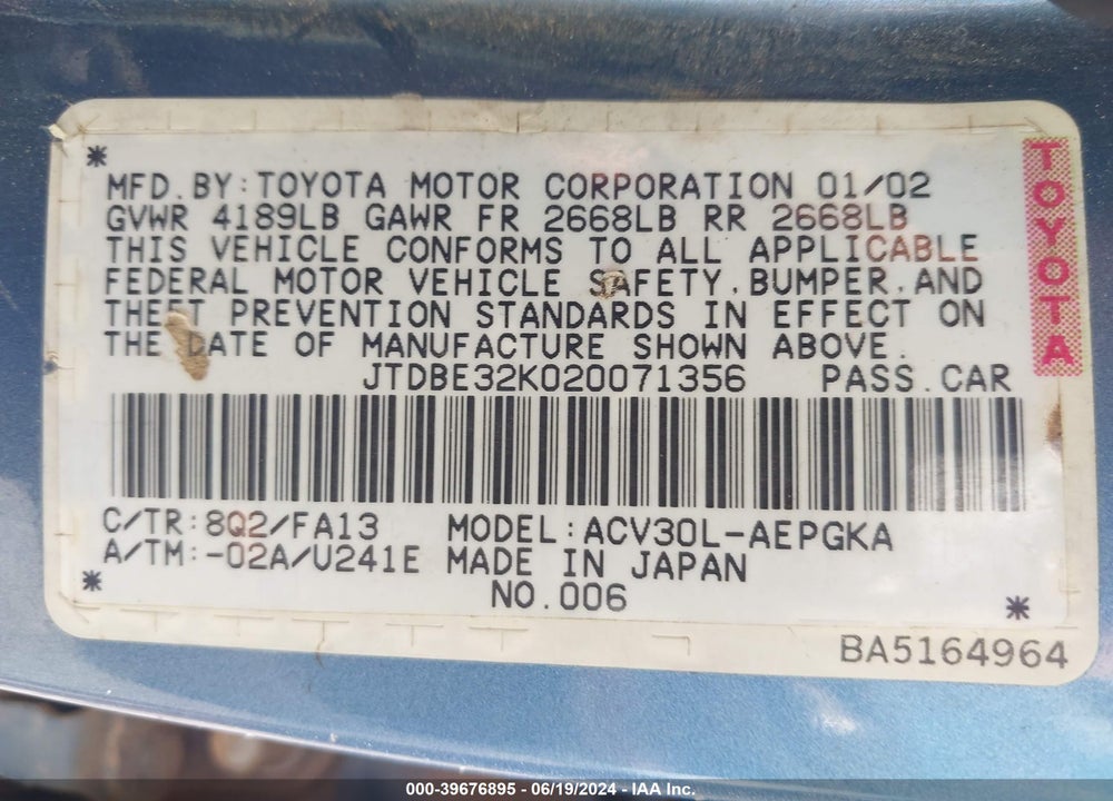 2002 TOYOTA CAMRY XLE VIN: JTDBE32K020071356