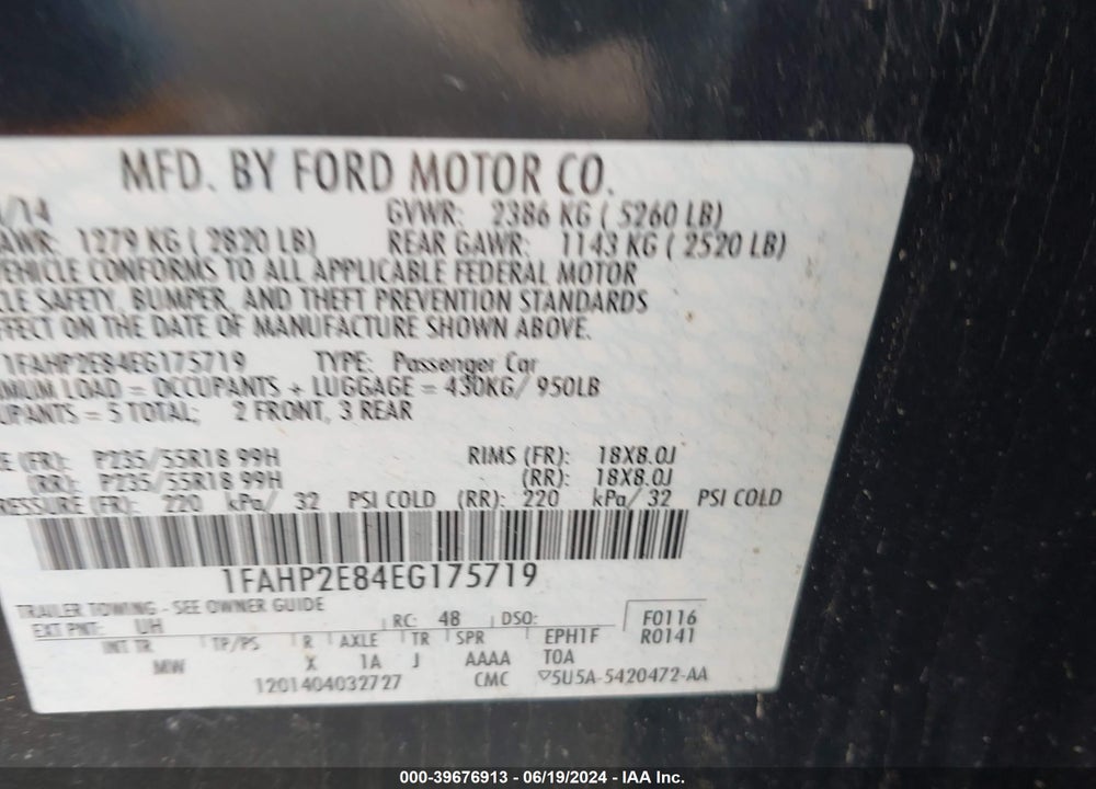 2014 FORD TAURUS SEL VIN: 1FAHP2E84EG175719