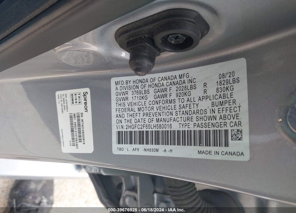 2020 HONDA CIVIC LX VIN: 2HGFC2F65LH580016