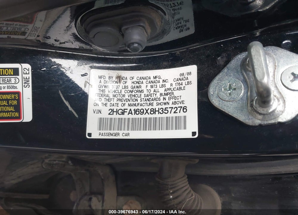 2008 HONDA CIVIC EX-L VIN: 2HGFA169X8H357276