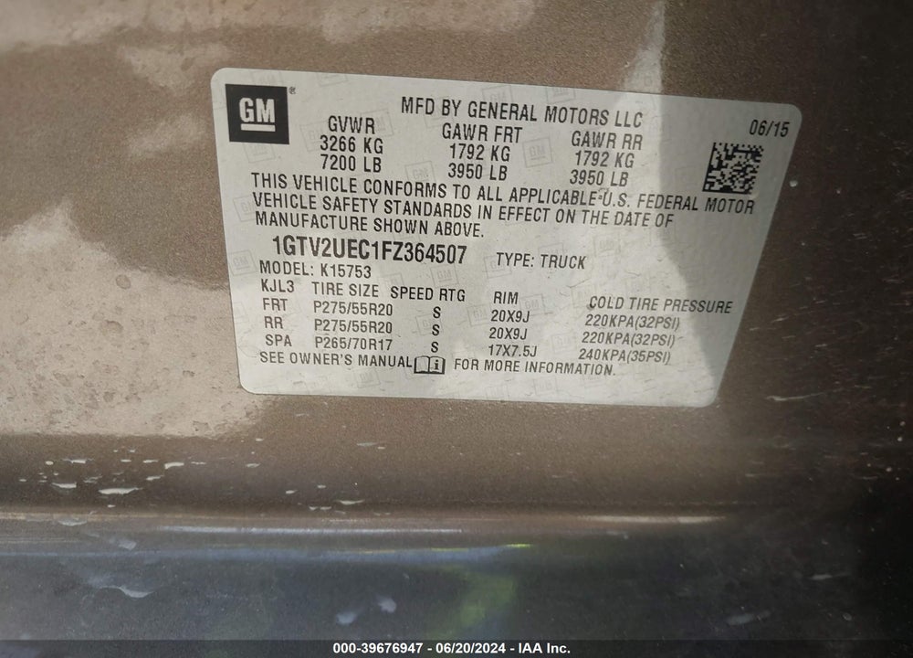 2015 GMC SIERRA 1500 SLE VIN: 1GTV2UEC1FZ364507