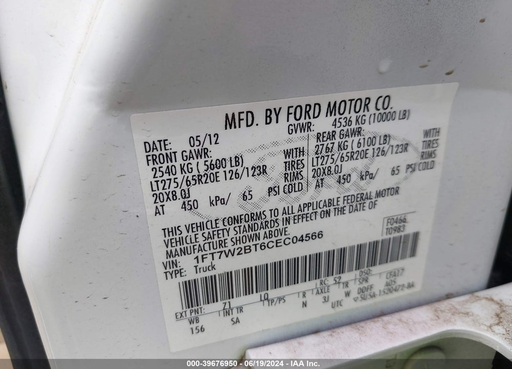2012 FORD F-250 LARIAT VIN: 1FT7W2BT6CEC04566