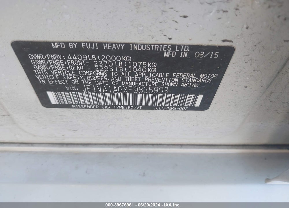 2015 SUBARU WRX VIN: JF1VA1A6XF9835903