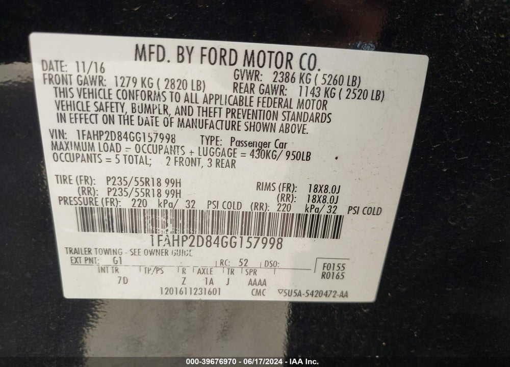 2016 FORD TAURUS SE VIN: 1FAHP2D84GG157998