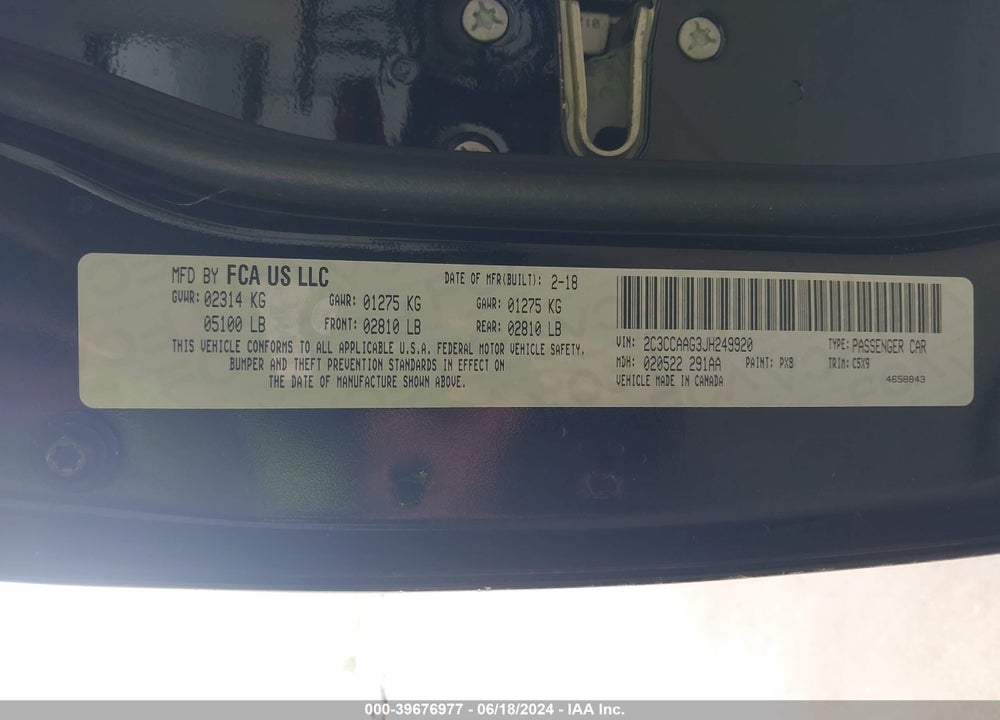 2018 CHRYSLER 300 TOURING VIN: 2C3CCAAG3JH249920