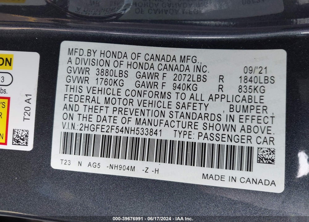 2022 HONDA CIVIC SPORT VIN: 2HGFE2F54NH533841