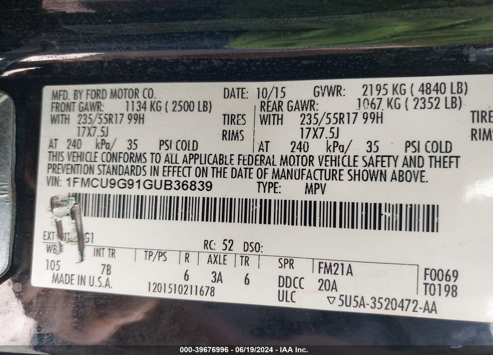 2016 FORD ESCAPE SE VIN: 1FMCU9G91GUB36839