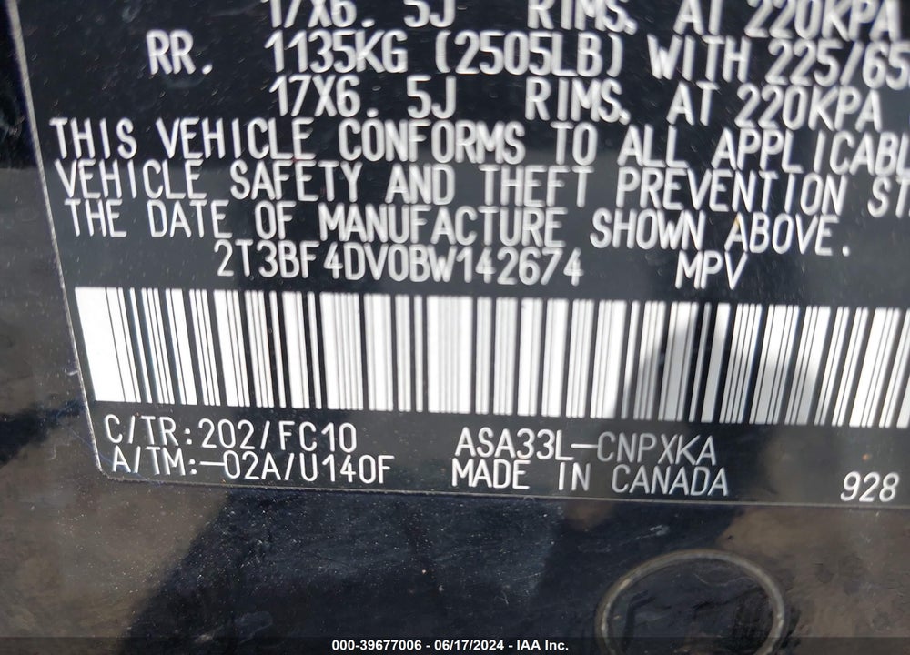 2011 TOYOTA RAV4 VIN: 2T3BF4DV0BW142674
