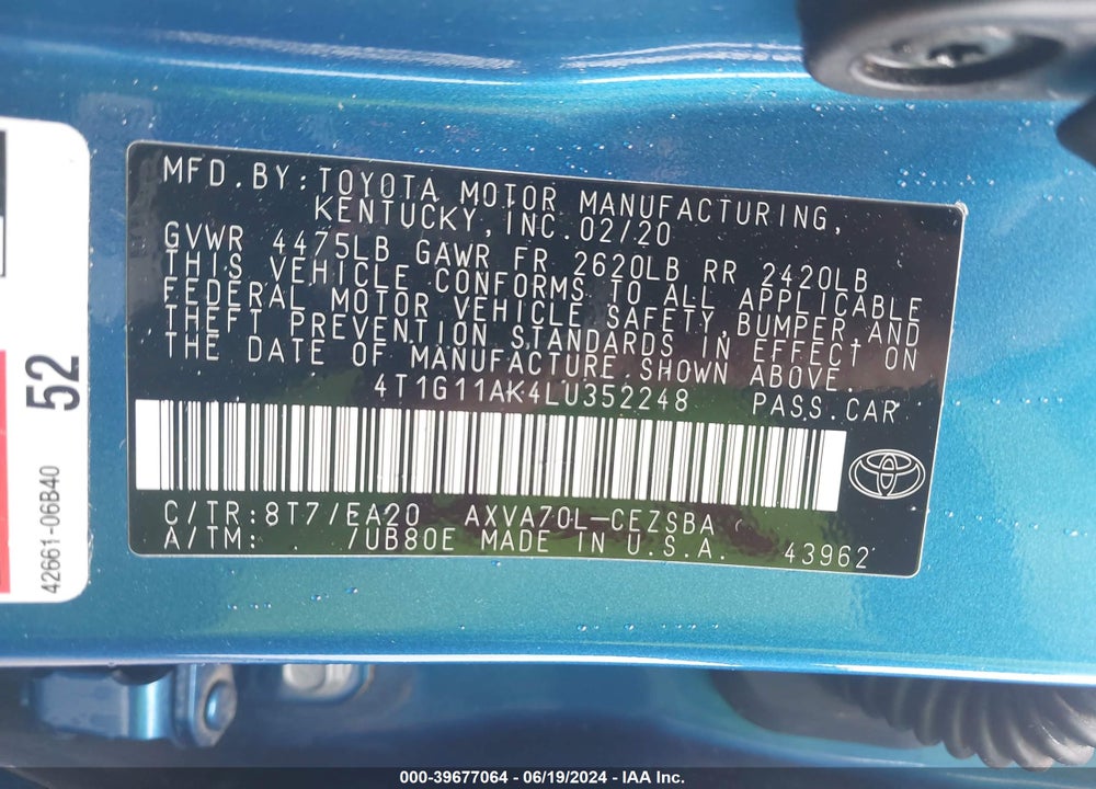2020 TOYOTA CAMRY SE VIN: 4T1G11AK4LU352248