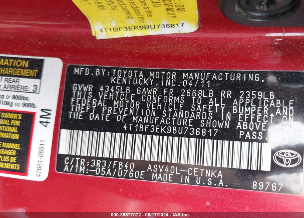 2011 TOYOTA CAMRY LE VIN: 4T1BF3EK9BU736817