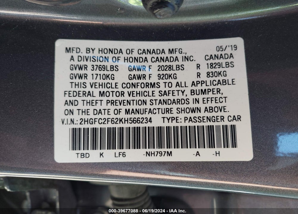 2019 HONDA CIVIC LX VIN: 2HGFC2F62KH566234