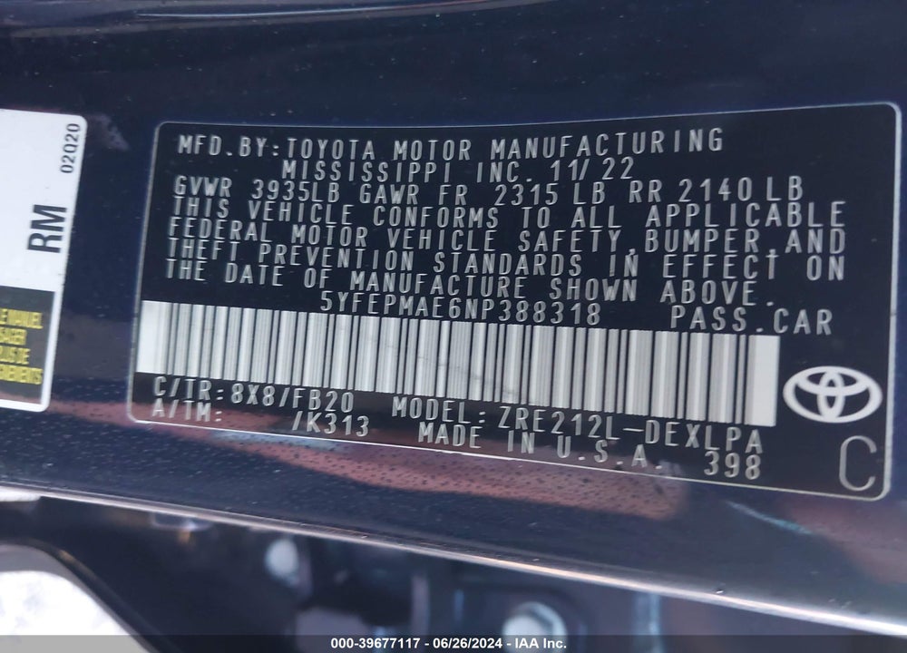 2022 TOYOTA COROLLA LE VIN: 5YFEPMAE6NP388318