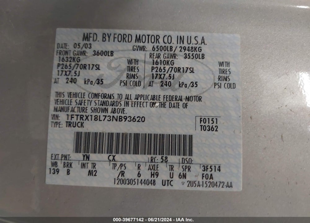 2003 FORD F-150 LARIAT/XL/XLT VIN: 1FTRX18L73NB93620