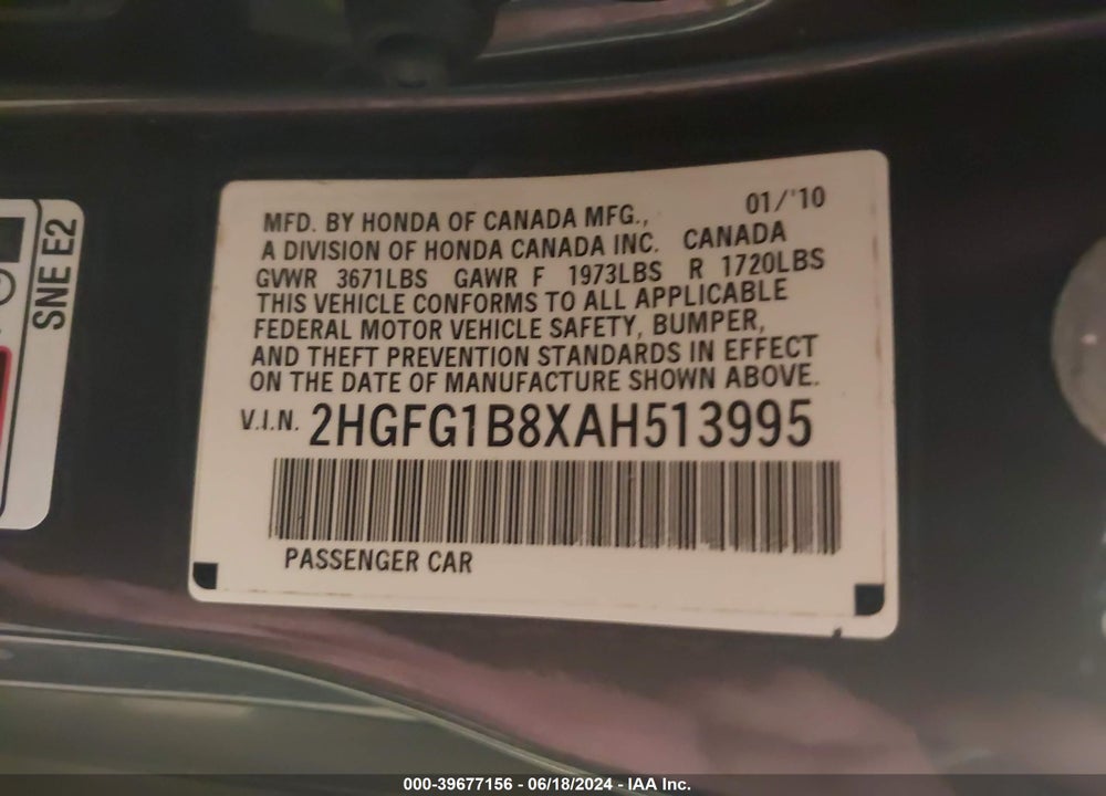 2010 HONDA CIVIC EX VIN: 2HGFG1B8XAH513995