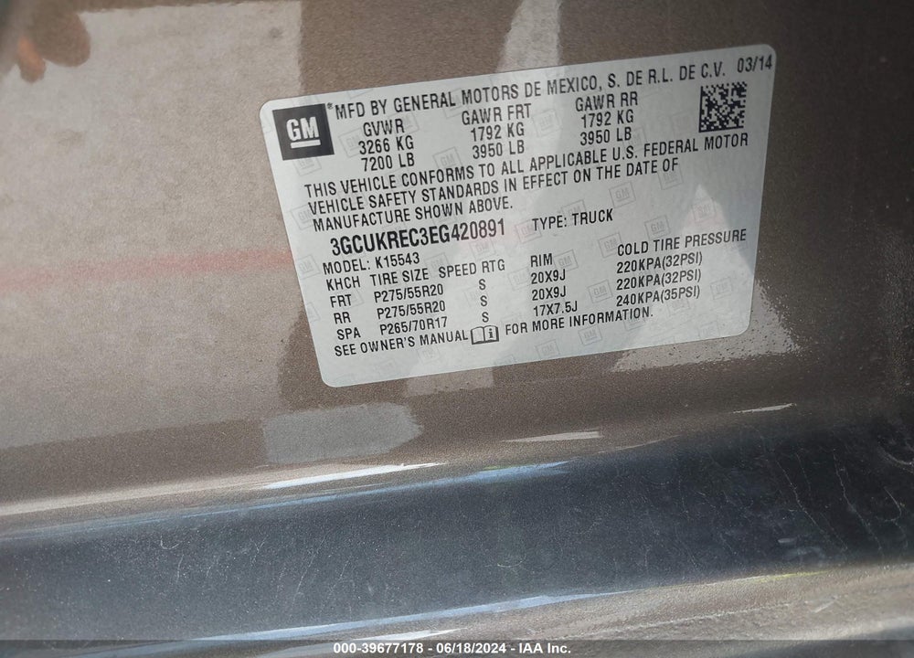 2014 CHEVROLET SILVERADO 1500 1LT VIN: 3GCUKREC3EG420891