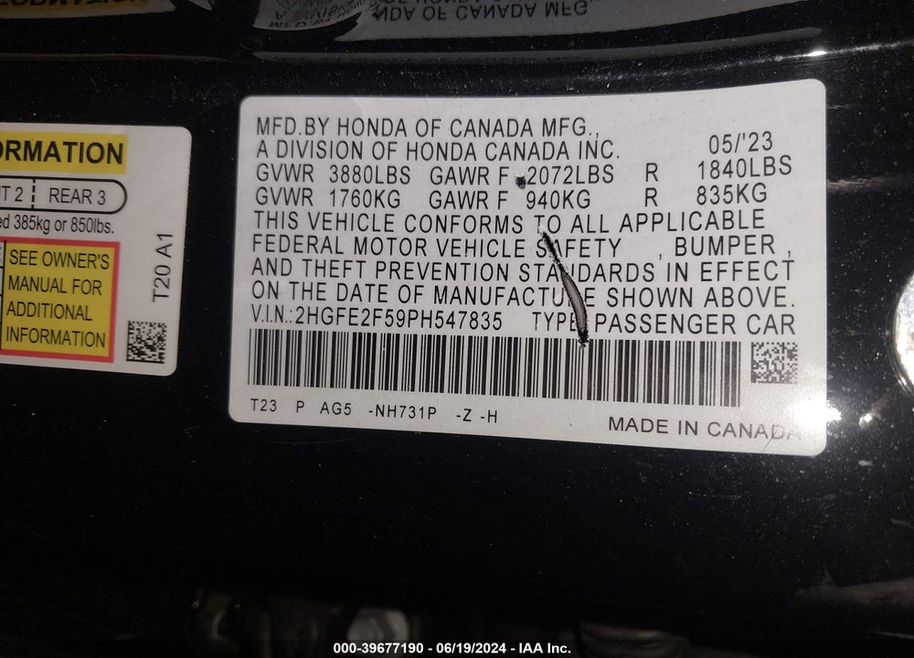 2023 HONDA CIVIC SPORT VIN: 2HGFE2F59PH547835
