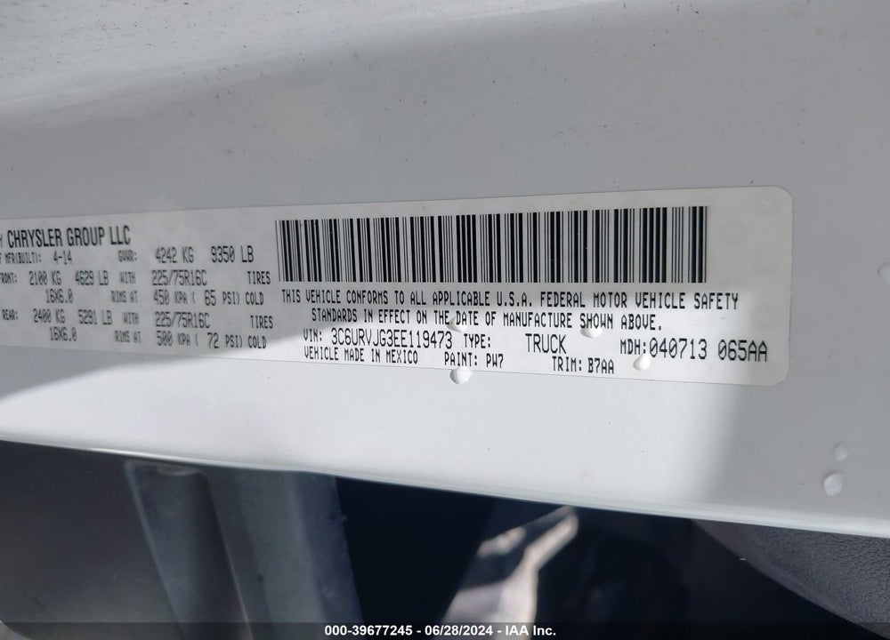 2014 RAM PROMASTER 3500 HIGH ROOF VIN: 3C6URVJG3EE119473