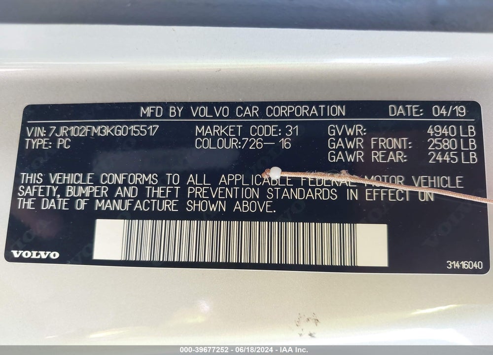 2019 VOLVO S60 T5 R-DESIGN VIN: 7JR102FM3KG015517