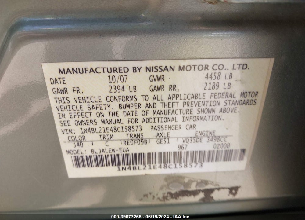 2008 NISSAN ALTIMA 3.5 SL VIN: 1N4BL21E48C158573