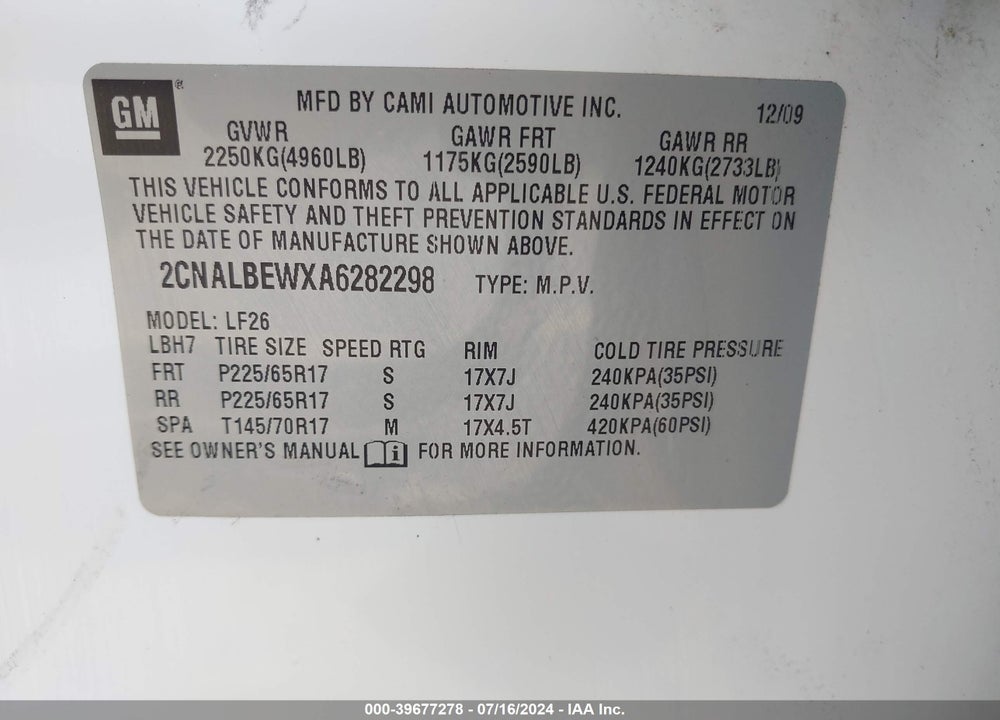2010 CHEVROLET EQUINOX LS VIN: 2CNALBEWXA6282298