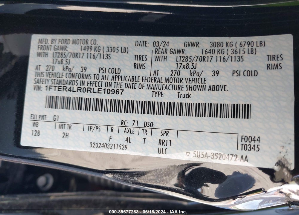 2024 FORD RANGER RAPTOR VIN: 1FTER4LR0RLE10967