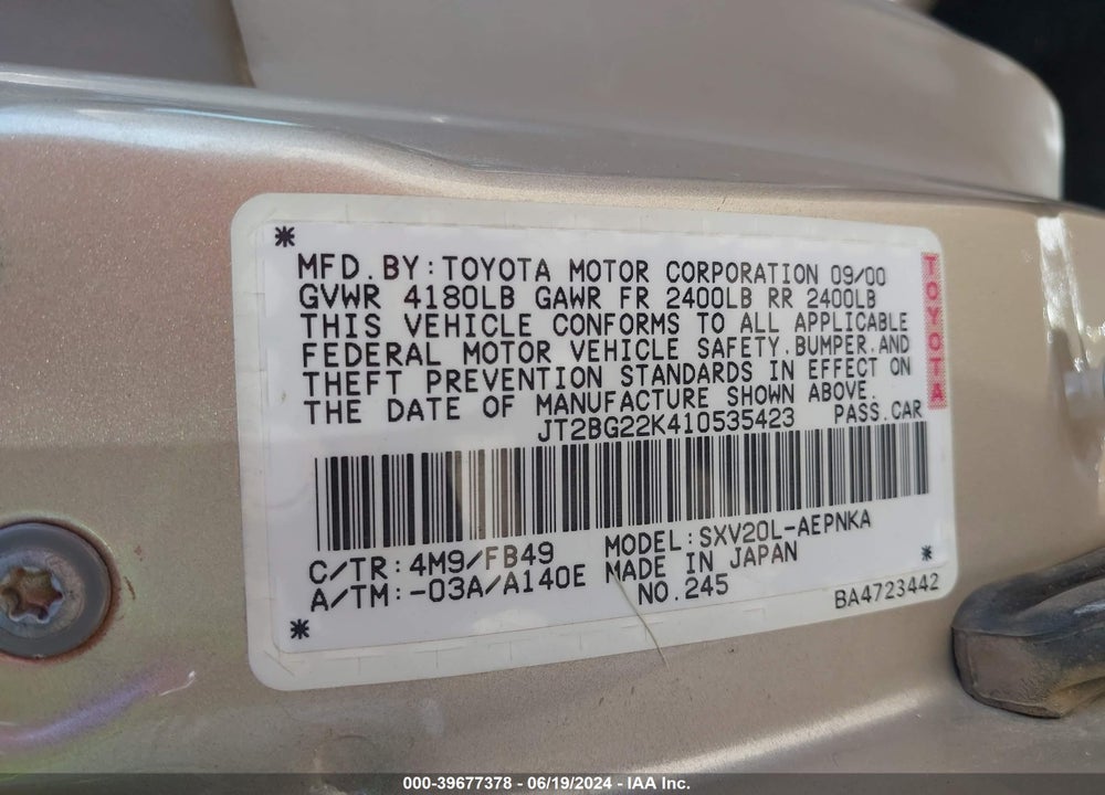 2001 TOYOTA CAMRY LE VIN: JT2BG22K410535423