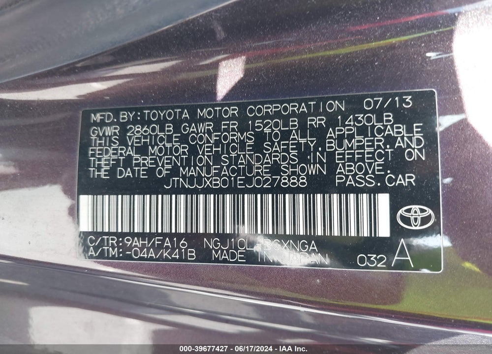 2014 SCION IQ VIN: JTNJJXB01EJ027888