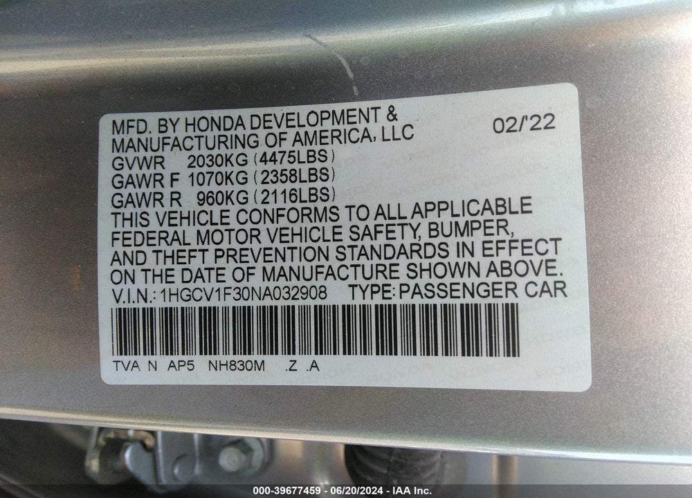 2022 HONDA ACCORD SEDAN VIN: 1HGCV1F30NA032908