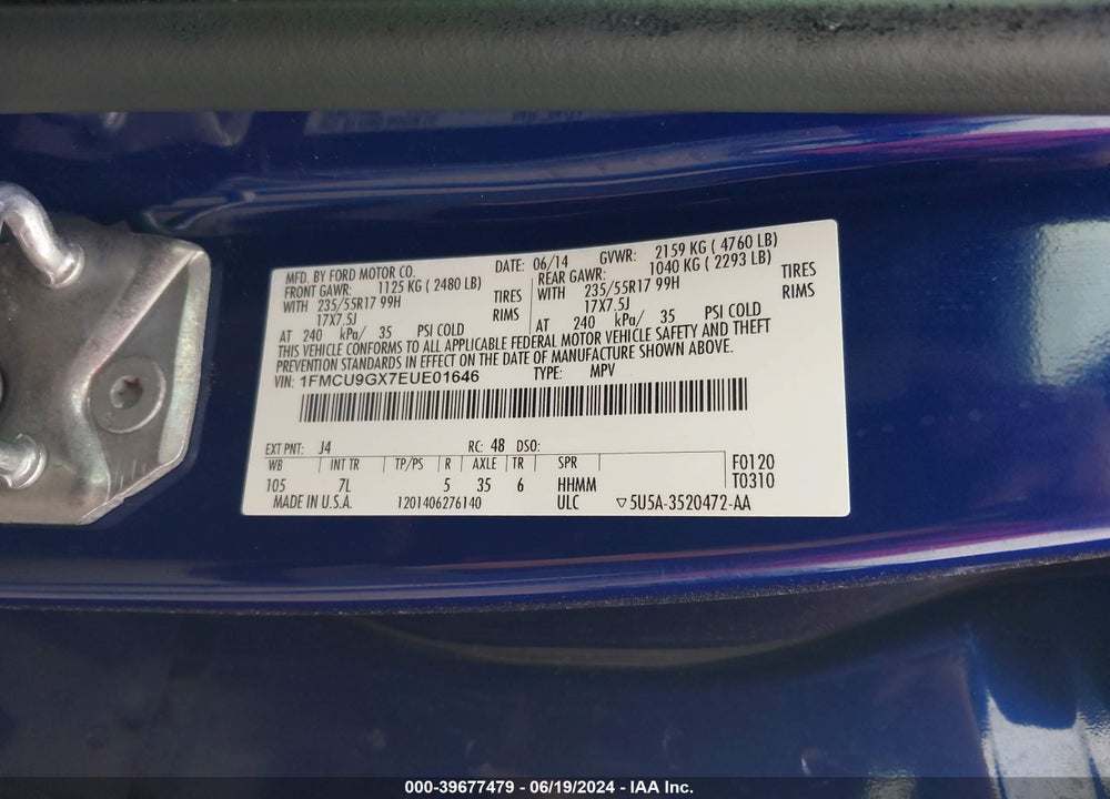 2014 FORD ESCAPE SE VIN: 1FMCU9GX7EUE01646