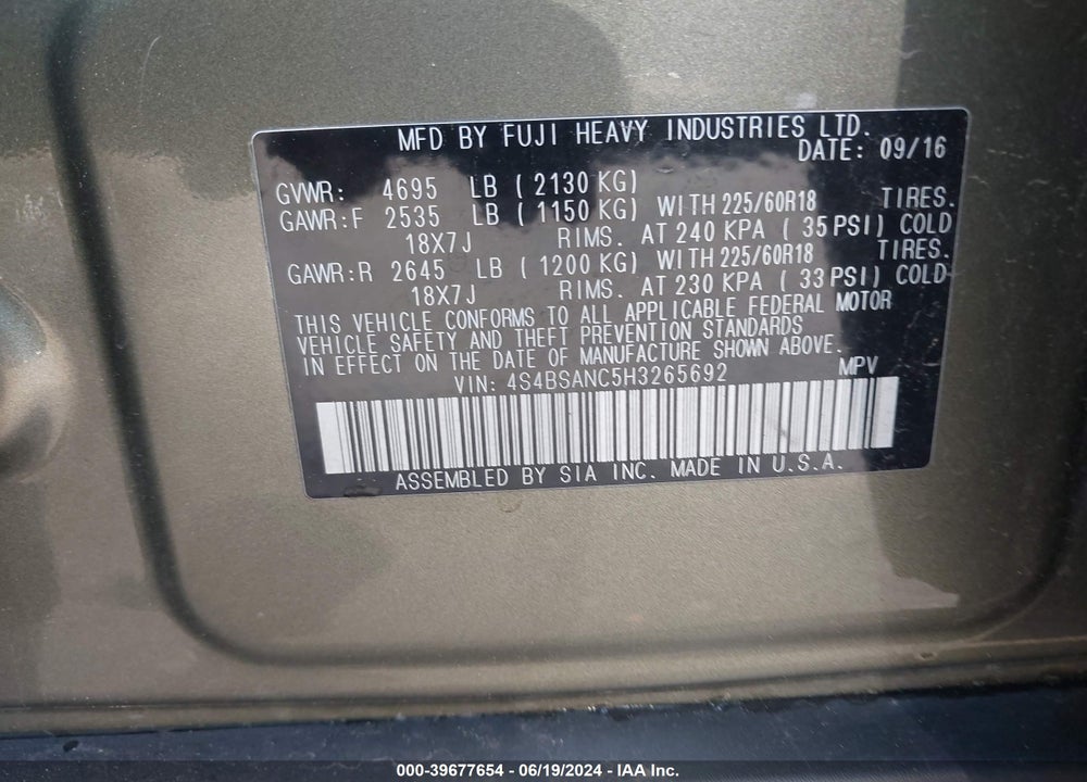 2017 SUBARU OUTBACK 2.5I LIMITED VIN: 4S4BSANC5H3265692
