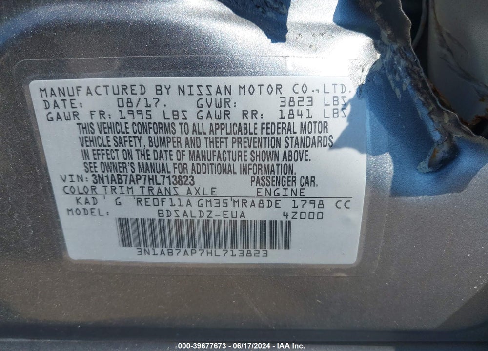 2017 NISSAN SENTRA SV VIN: 3N1AB7AP7HL713823