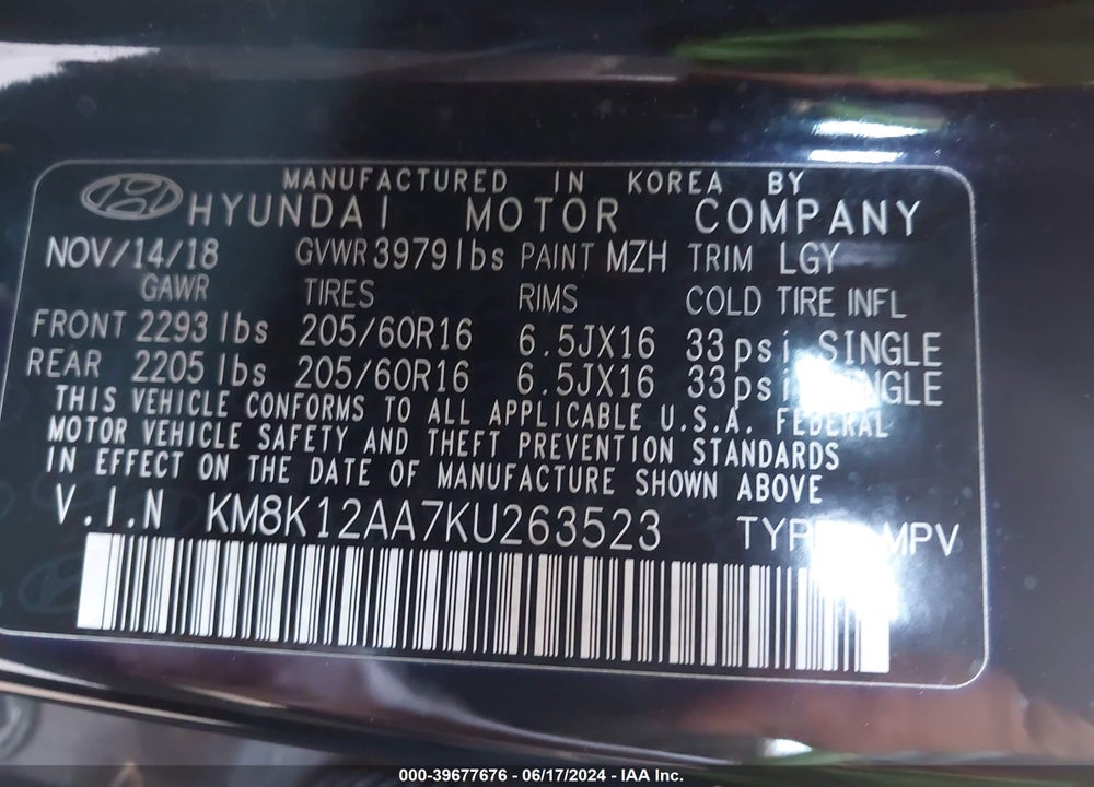 2019 HYUNDAI KONA SE VIN: KM8K12AA7KU263523