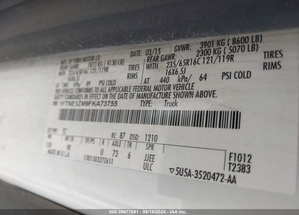 2015 FORD TRANSIT-150 VIN: 1FTNE1ZM9FKA73755