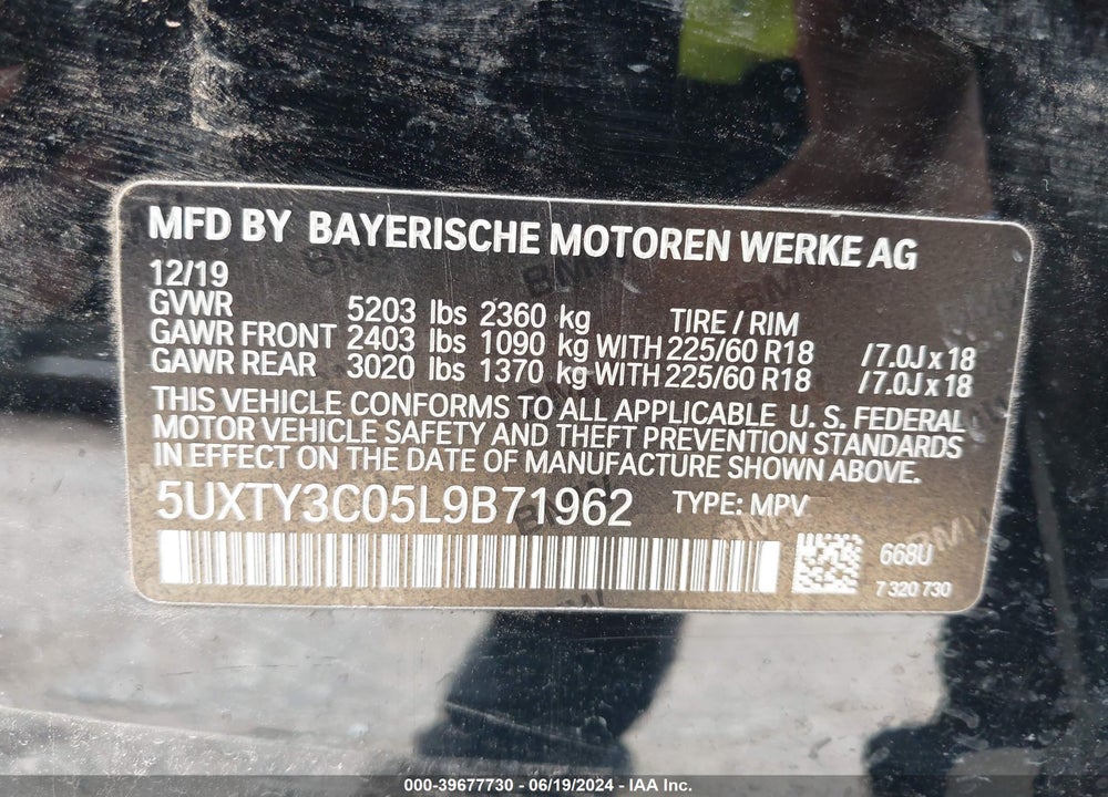 2020 BMW X3 SDRIVE30I VIN: 5UXTY3C05L9B71962