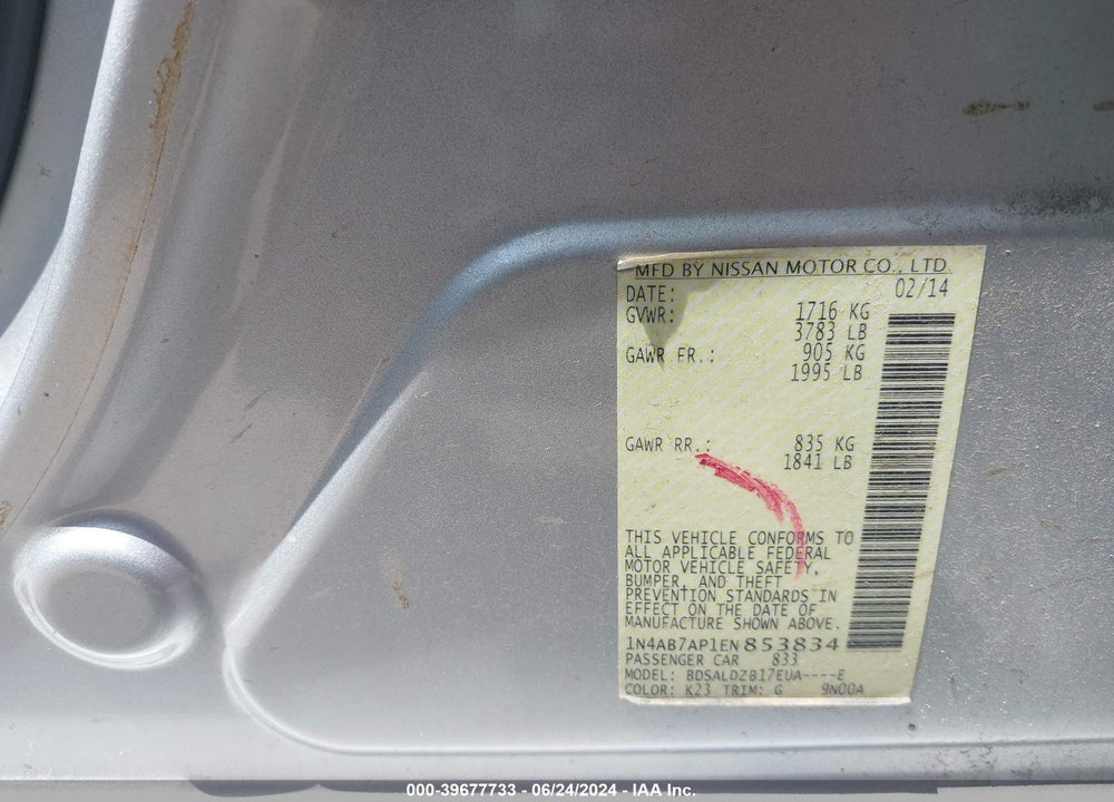2014 NISSAN SENTRA FE+ S/FE+ SV/S/SL/SR/SV VIN: 1N4AB7AP1EN853834